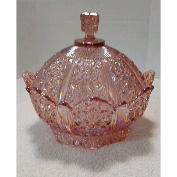 Vintage Fenton Pink Iridescent Daisy & Button Glass Covered Dish 10" × 9"in - Picture 2 of 16